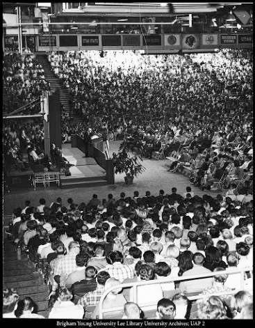 1950-1960s era BYU devotional assembly held in the Smith Fieldhouse.