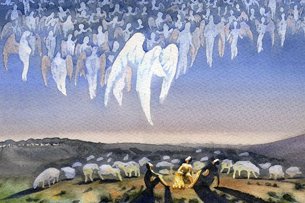 Watercolor painting of the shepherds in Bethlehem seeing a multitude of angels