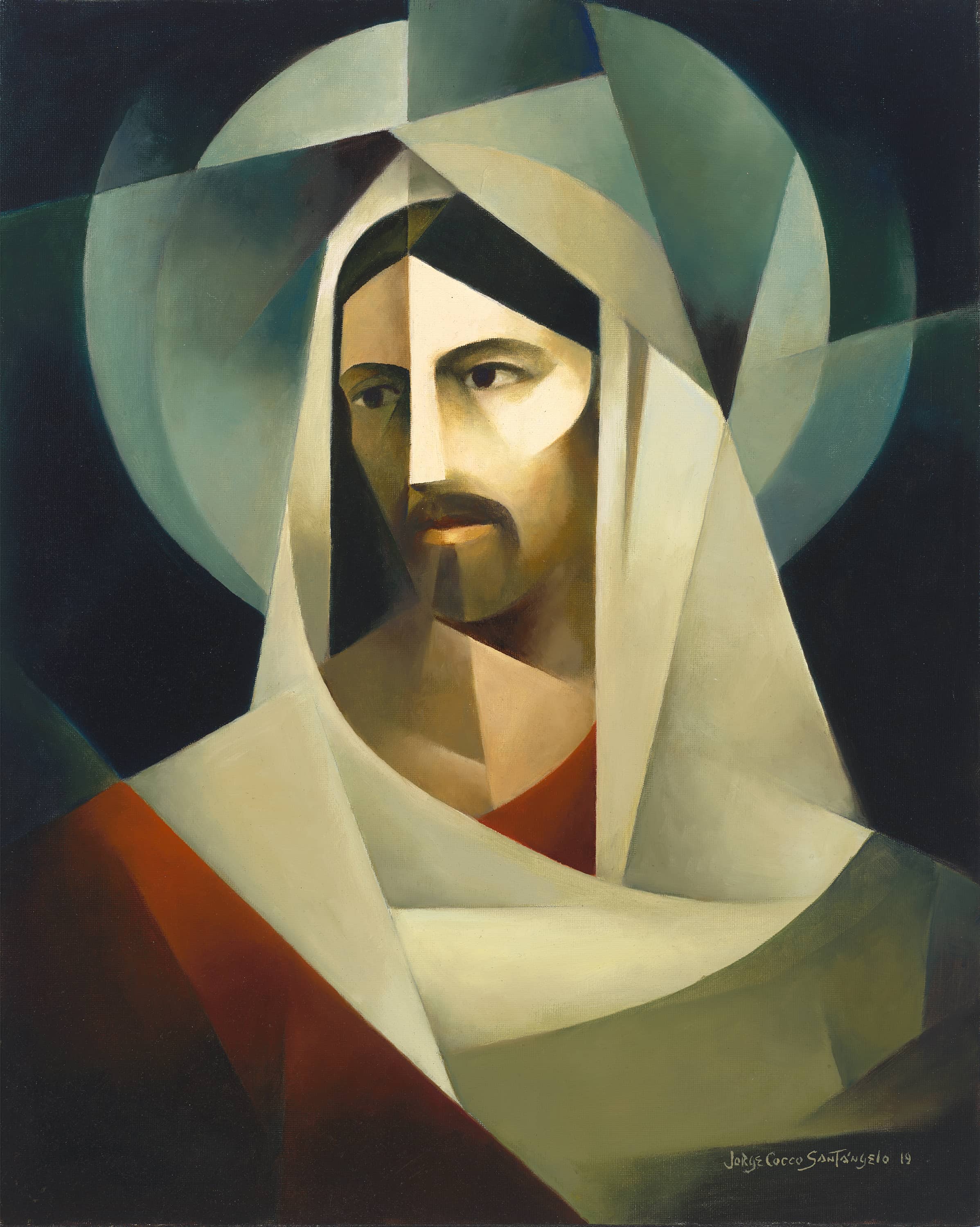 A painting of Jesus Christ done in the sacrocubism style of Jorge Cocco Santangelo.