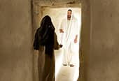 A resurrected Jesus Christ approaches Mary
