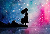 Silhouette of a girl gazing up at the universe. Everything is reflected in a body of water in front of her.