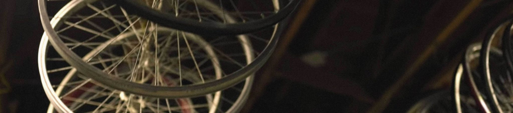 Bicycle tires hanging in a shop.