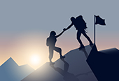 Silhouette of a flag and two people at the peak of a mountain