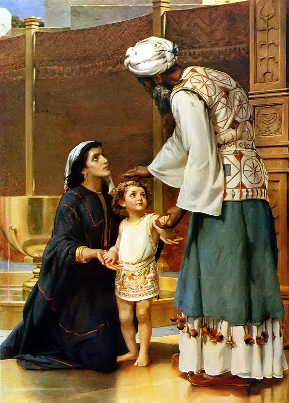 an illustration of Hannah presenting Samuel to Eli from the Bible story