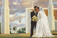 Painting of a couple on their wedding day on the temple grounds, with the temple in the background
